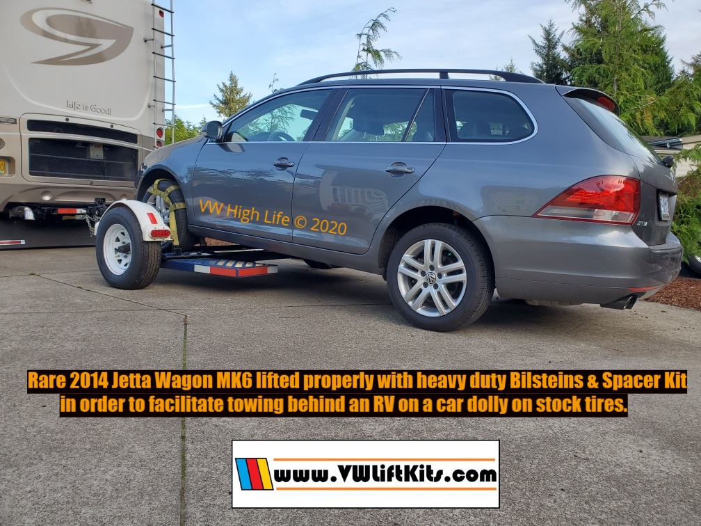 2014 VW Jetta Wagon MK6 lifted properly with Bilsteins, spacer kit, & an overland skid plate to tow behind an RV.